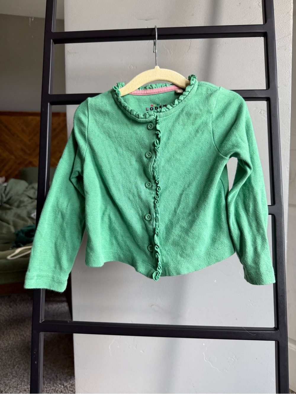 Mini Boden Girls Green Ruffle Cardigan 2-3Y Pointelle Cotton